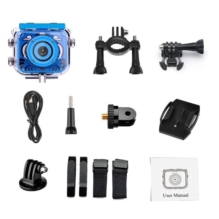 AT-G20G 2 inch LCD Screen Mini Kids Camera 12MP HD Portable Children Camera Camcorder with Build-in Games Waterproof Case (without TF Card) - Blue