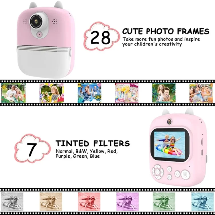 1200W Pixel 2.4-inch IPS Screen Kids Instant Camera Portable Cute Inkless Print Camera, Standard Version - Pink