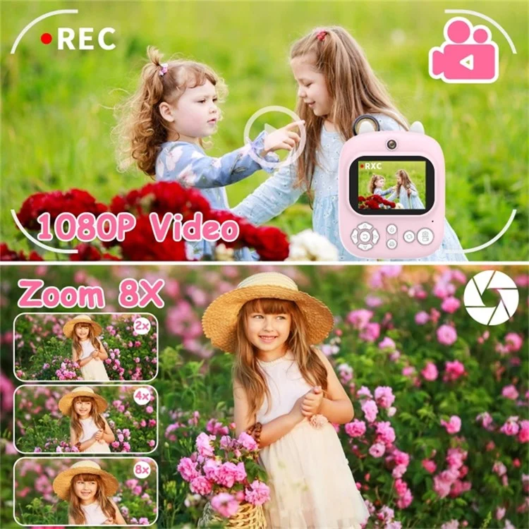 1200W Pixel 2.4-inch IPS Screen Kids Instant Camera Portable Cute Inkless Print Camera, Standard Version - Pink