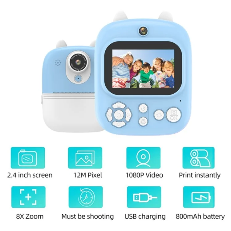 1200W Pixel 2.4-inch IPS Screen Kids Instant Camera Portable Cute Inkless Print Camera, Standard Version - Pink