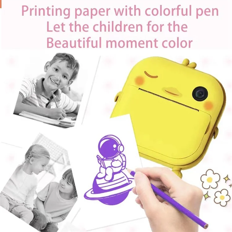 M2 Cute Instant Print Selfie Camera with 2.4'' Screen for Kids, Video Camera 48MP 1080P Rechargeable Children Toy Learning Camera - Chicken