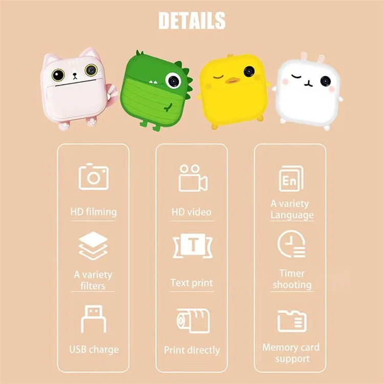 M2 Cute Instant Print Selfie Camera with 2.4'' Screen for Kids, Video Camera 48MP 1080P Rechargeable Children Toy Learning Camera - Chicken