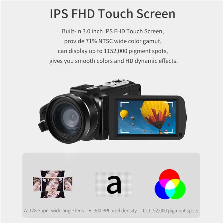 ORDRO Z63 16X Digital Zoom Full HD 2K 3.0-inch Touch Screen Digital Camera + Mic + Bracket + Shading Hood - EU Plug