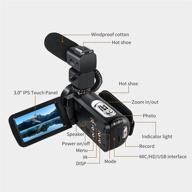 ORDRO Z20 3.0-inch 1080P HD Video Camera Night Vision Digital Camcorder with Microphone and Lend Hood - US Plug