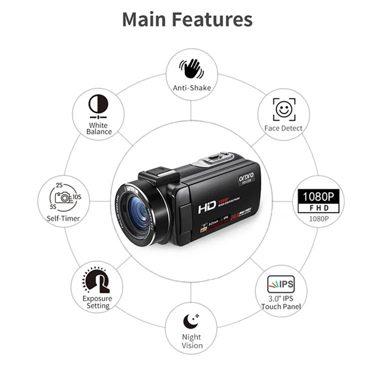 ORDRO Z20 3.0-inch 1080P HD Video Camera Night Vision Digital Camcorder with Microphone and Lend Hood - US Plug