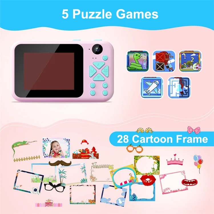 AD-G29D 2.4 inch Screen Kids Camera Front/Back Dual Camera Portable Handheld Mini Camera with Games/Filters/Frames - Pink