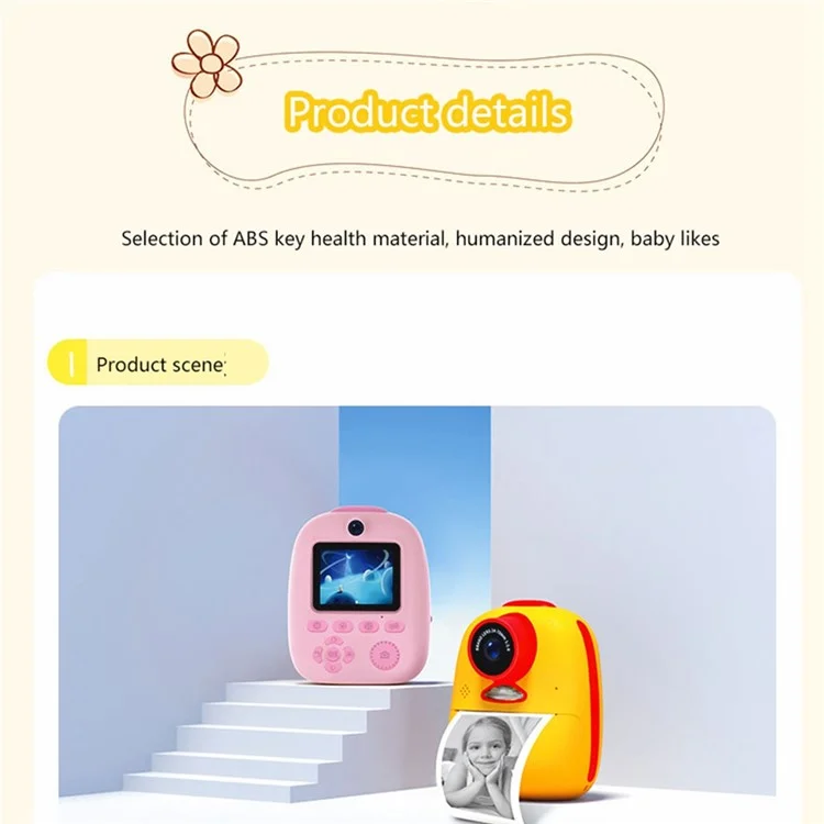 D10m 1080P Cute Instant Print Selfie Camera with 2.0-Inch Screen for Kids, Video Camera Rechargeable Children Toy Learning Camera - Red / Yellow