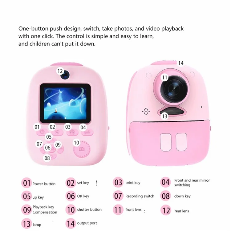 D10m 1080P Cute Instant Print Selfie Camera with 2.0-Inch Screen for Kids, Video Camera Rechargeable Children Toy Learning Camera - Red / Yellow