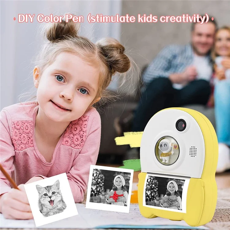 KDC-0013A Children 2.4 inch Screen Toy Camera Instant Photo Printer Mini Printing Device for Kids - Yellow