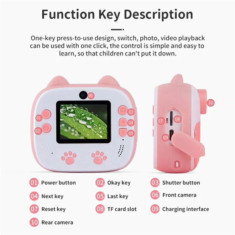 D13 2.0-inch Screen Dual Lens Instant Print Kids Camera Children Toy, with 32G Memory Card + Card Reader - Pink