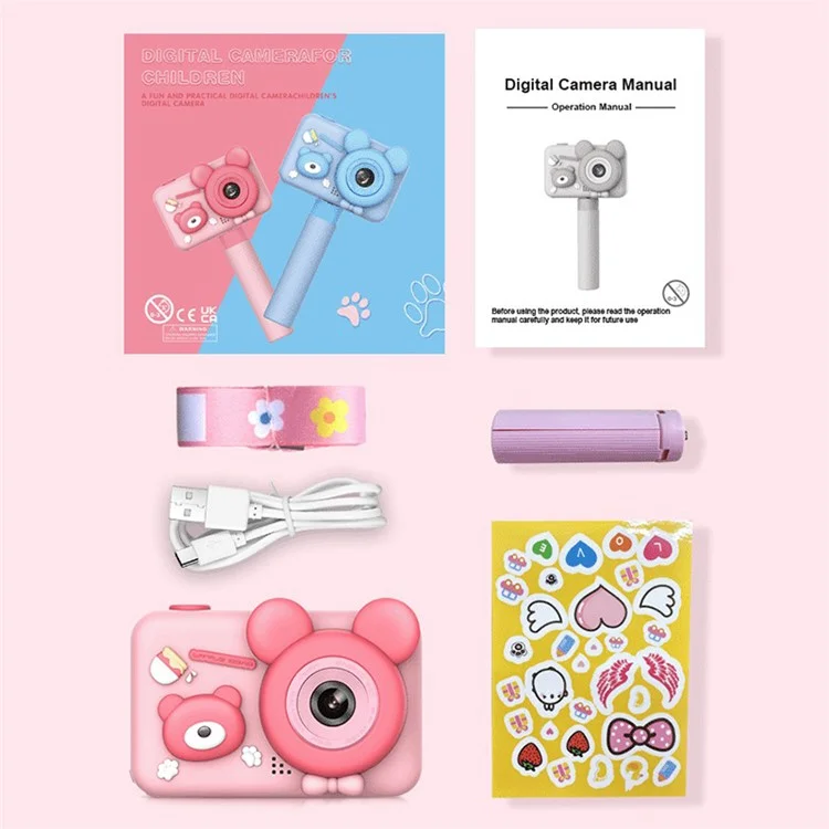 D32 2.0 Inch IPS Screen Dual Lens Mini Kids Camera Video Recorder with Tripod, with 32G Memory Card + Card Reader - Pink