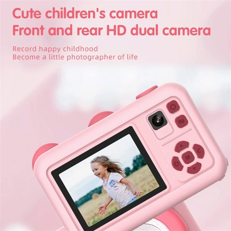 D32 2.0 Inch IPS Screen Dual Lens Mini Kids Camera Video Recorder with Tripod, with 32G Memory Card + Card Reader - Pink