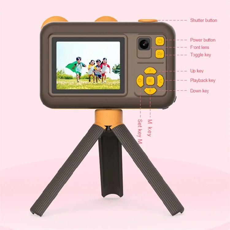 D32 2.0 Inch IPS Screen Dual Lens Mini Kids Camera Video Recorder with Tripod, with 32G Memory Card + Card Reader - Pink