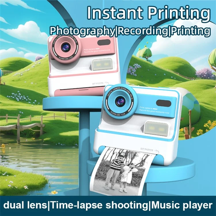 D101 2.4-inch HD Screen Dual Lens Kids Instant Camera Photo Thermal Printer - Blue