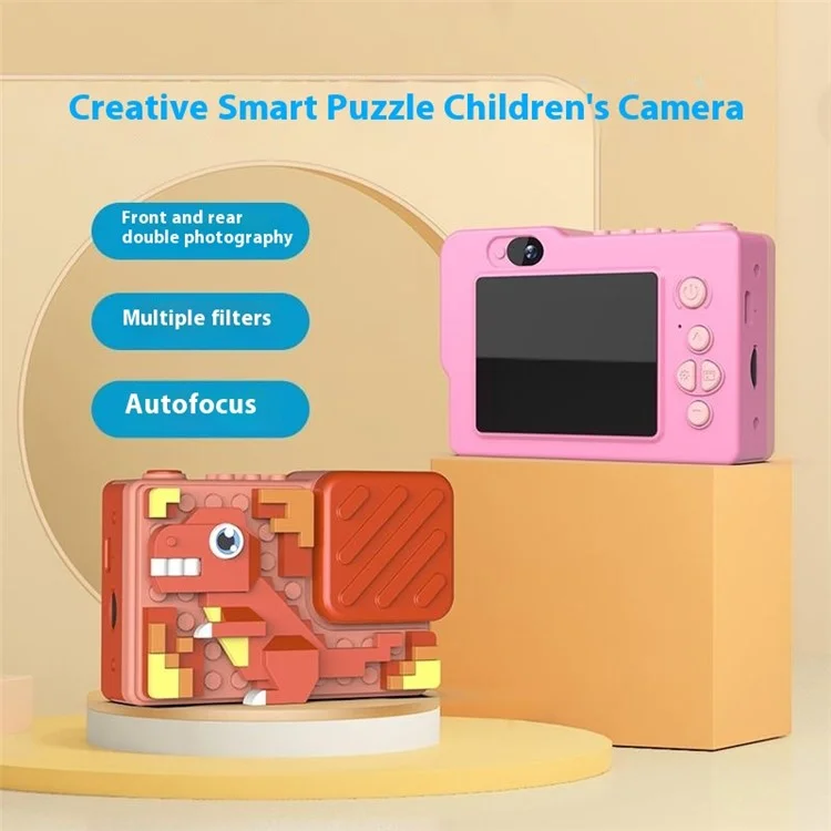 H8 Cartoon Building Block Toy 2.4-inch IPS Screen Camera Kids Dual Lens Digital Camera with 32G TF Card + Card Reader - Red Dinosaur