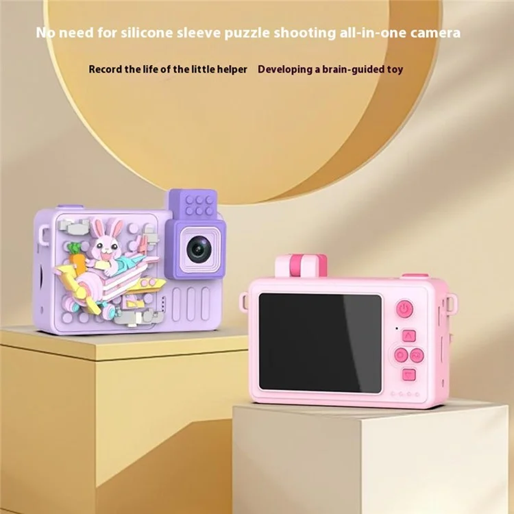 M1 Rabbit Building Block Toy Flip Lens Digital Camera 2.4-inch Screen Kids Camera with Tripod - Purple