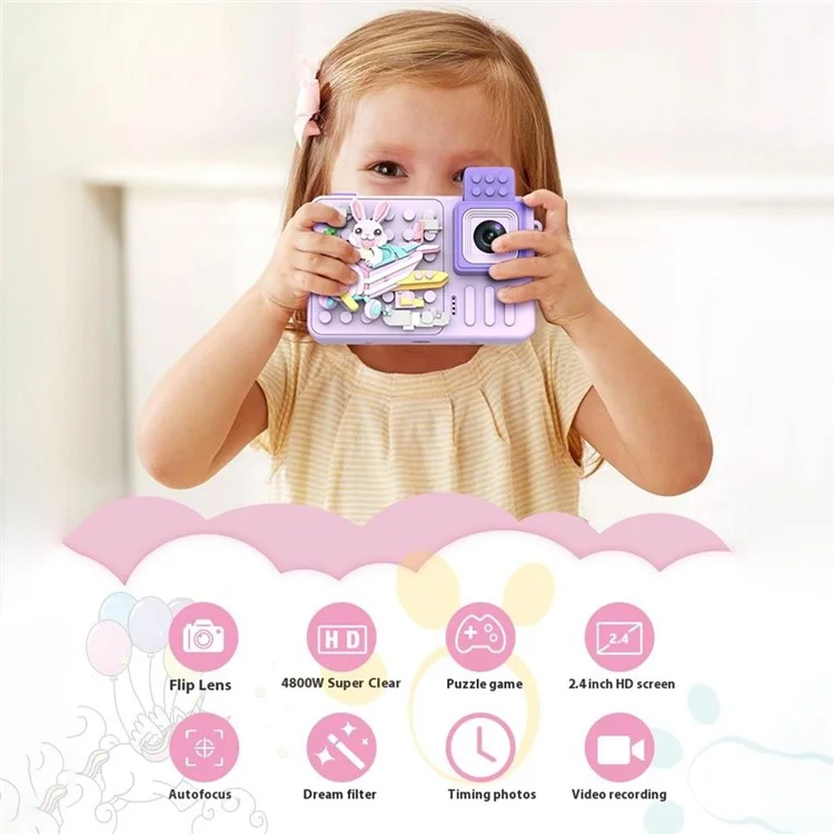 M1 Rabbit Building Block Toy Flip Lens Digital Camera 2.4-inch Screen Kids Camera with Tripod - Purple