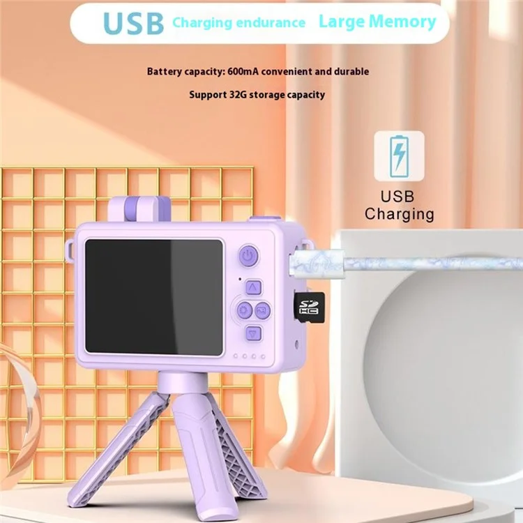 M1 Rabbit Building Block Toy Flip Lens Digital Camera 2.4-inch Screen Kids Camera with Tripod - Purple