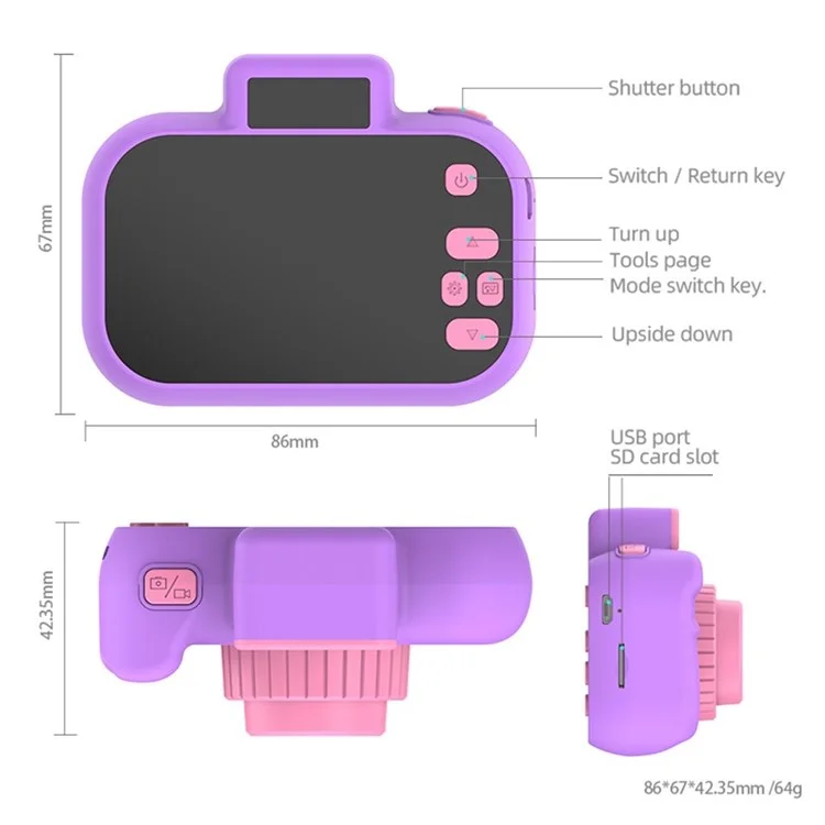 H7 2.0-Inch IPS Cute Kids Camera 4000W HD Mini SLR Front and Rear Digital Camera - Purple