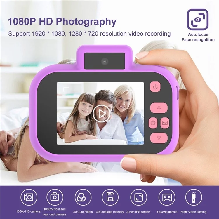 H7 2.0-Inch IPS Cute Kids Camera 4000W HD Mini SLR Front and Rear Digital Camera - Purple