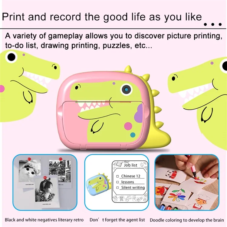 K07 Dinosaur Shape Front / Rear Dual Kids Camera 2.4 Inch IPS Screen WiFi Instant Print Digital Camera - Pink