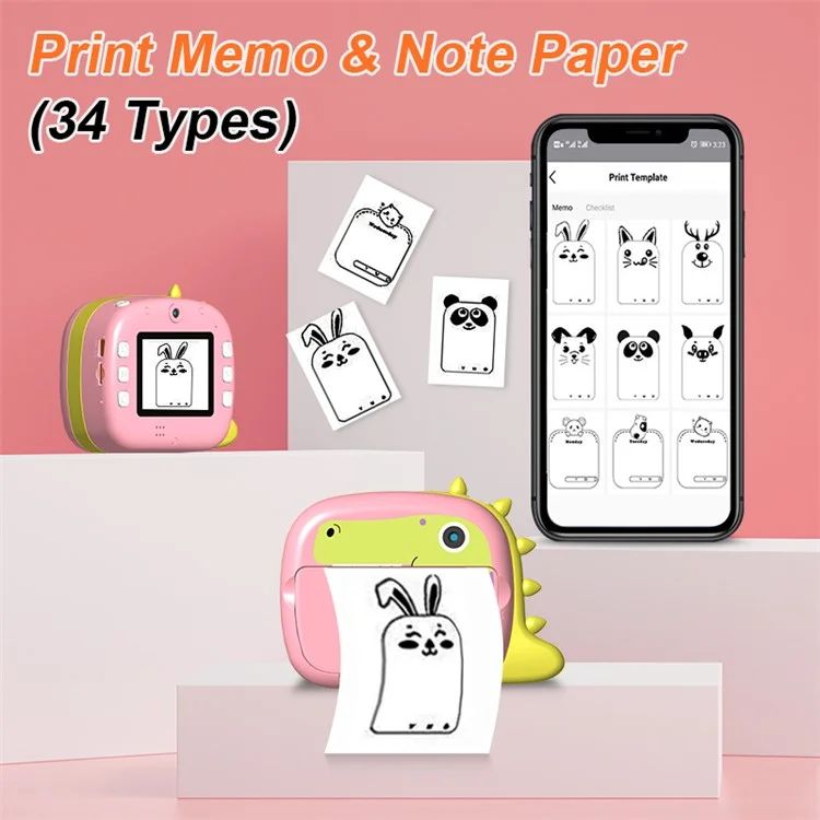 K07 Dinosaur Shape Front / Rear Dual Kids Camera 2.4 Inch IPS Screen WiFi Instant Print Digital Camera - Pink