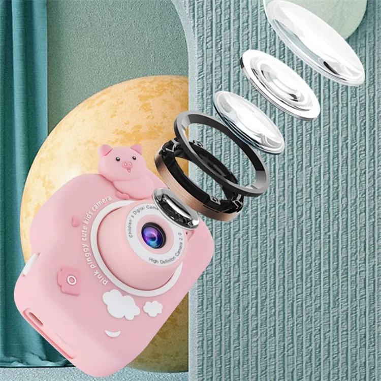 A15 Cartoon Pig 2.0 inch Screen Kids Camera Rechargeable HD Dual Lens Digital Camera Toy - Pink