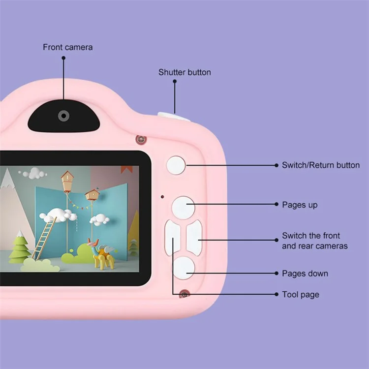 A15 Cartoon Pig 2.0 inch Screen Kids Camera Rechargeable HD Dual Lens Digital Camera Toy - Pink