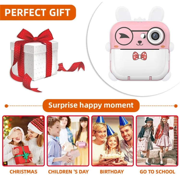 Q5 Kids Toy Rabbit Shape 2.4-Inch Inkless Photo Printer Camera with 32G Memory Card+Card Reader - Pink