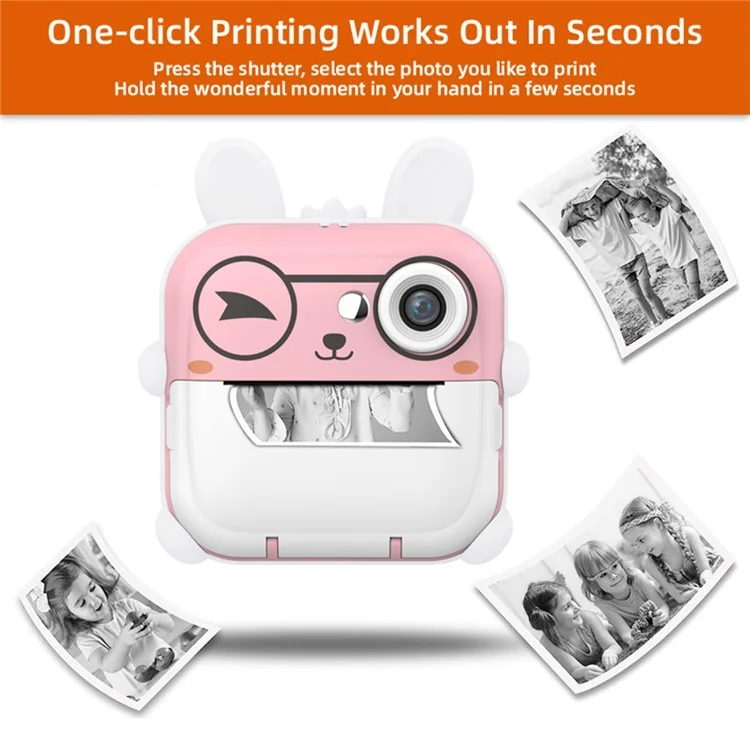 Q5 Kids Toy Rabbit Shape 2.4-Inch Inkless Photo Printer Camera with 32G Memory Card+Card Reader - Pink