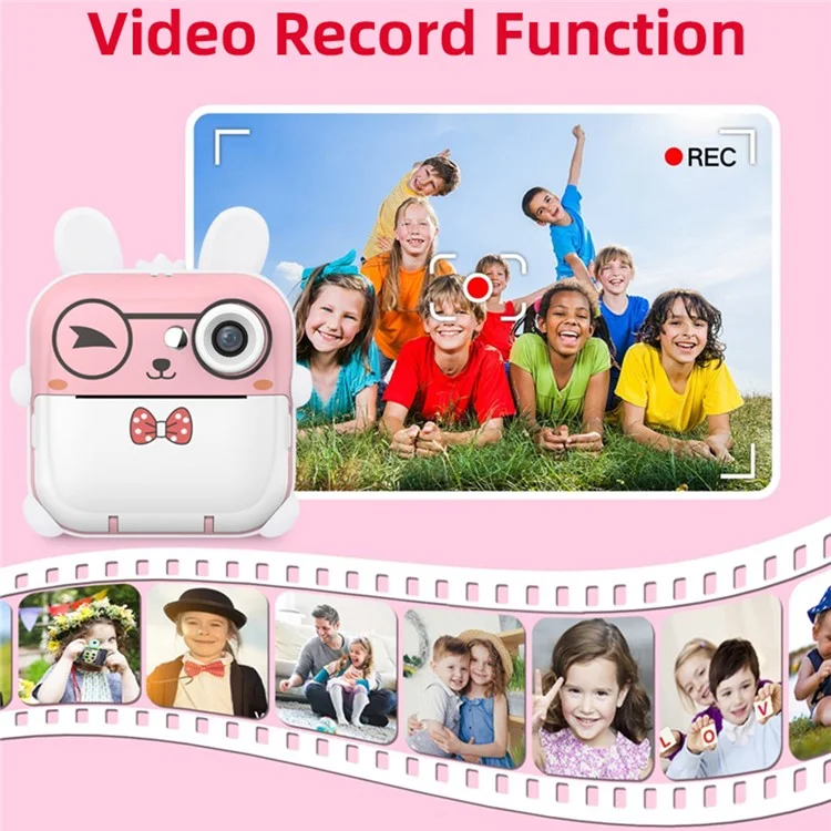 Q5 Kids Toy Rabbit Shape 2.4-Inch Inkless Photo Printer Camera with 32G Memory Card+Card Reader - Pink