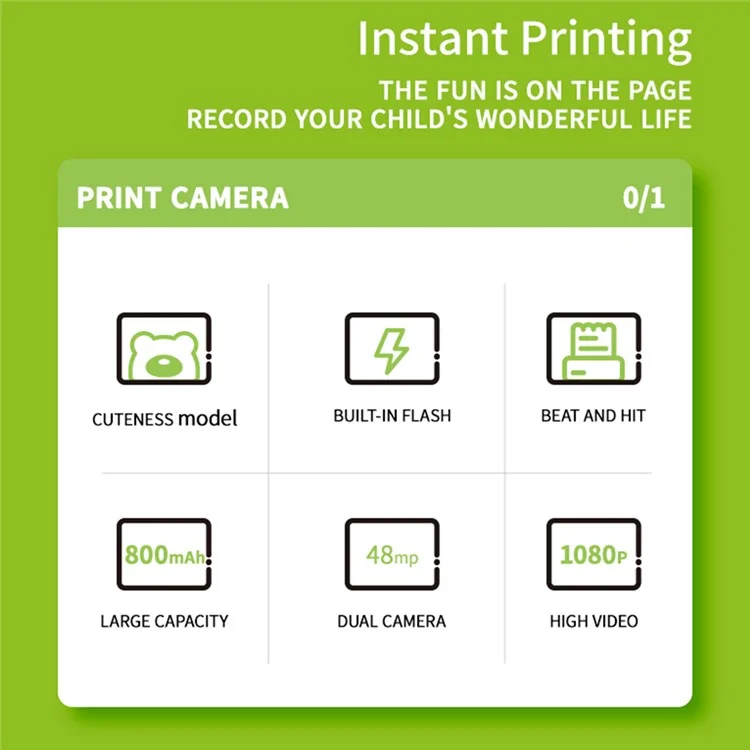 K64 Cute Dual Lens Kids HD Camera Instant Printing Thermal Photo Printer - Green