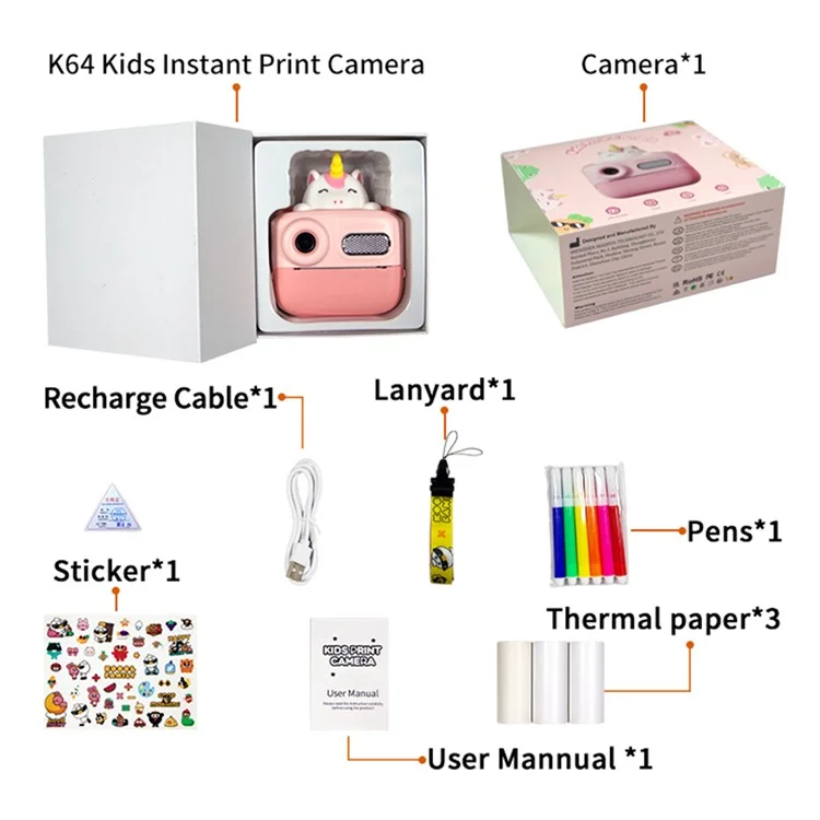 K64 Cute Dual Lens Kids HD Camera Instant Printing Thermal Photo Printer - Green