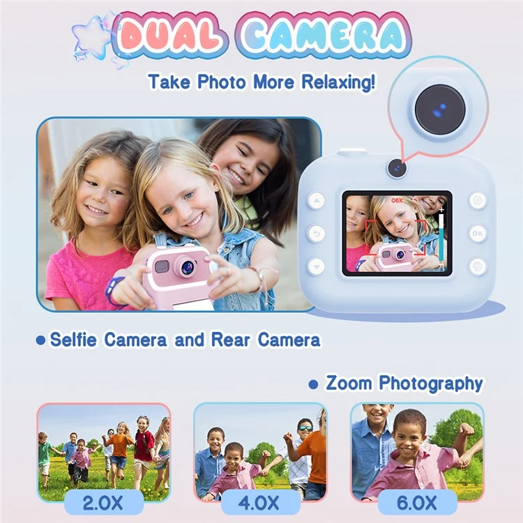 M8 2.4-inch IPS Screen Dual Lens Kids Print Camera Instant Thermal Photo Printer - Blue