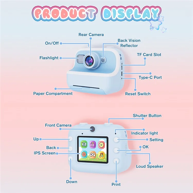 M8 2.4-inch IPS Screen Dual Lens Kids Print Camera Instant Thermal Photo Printer - Blue