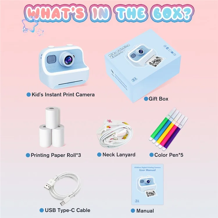 M8 2.4-inch IPS Screen Dual Lens Kids Print Camera Instant Thermal Photo Printer - Blue