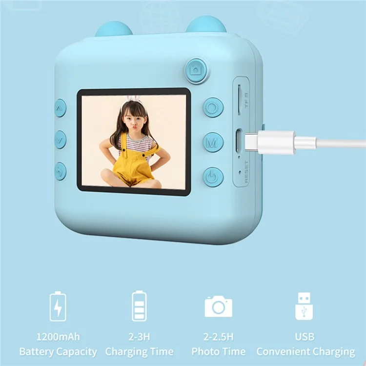 A22 2.4-inch Screen Mini Kids HD Digital Camera Instant Photo Printing Machine with 32G TF Card + Card Reader - Blue