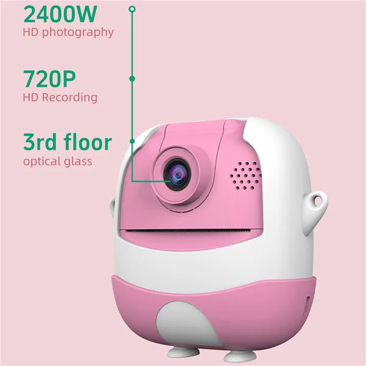 A19B Cartoon Design 2.0-inch Screen Mini Kids HD Digital Camera Instant Photo Printer with 32G TF Card + Card Reader - Pink