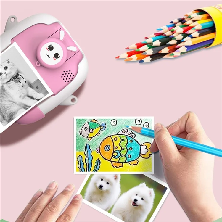 A19B Cartoon Design 2.0-inch Screen Mini Kids HD Digital Camera Instant Photo Printer with 32G TF Card + Card Reader - Pink