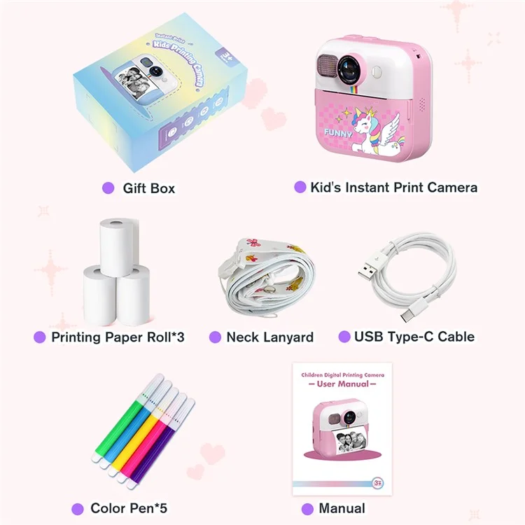 CP02 2.4-inch Screen Kids HD Digital Camera Mini Thermal Photo Printer with 32G TF Card + Card Reader - Blue