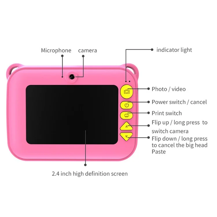 CP18 Kid's Camera HD Color Photo Children Video Camera Thermal Printing Camera Toy USB Rechargeable - Pink