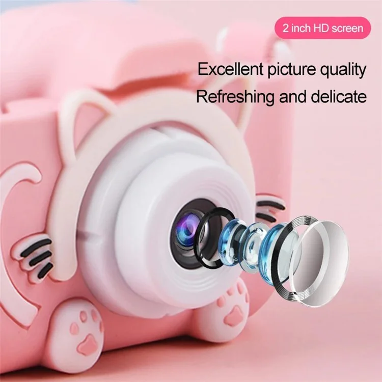 X5S Cartoon Cat 2.0-inch IPS Screen Kids Camera Rechargeable Dual Lens HD Camera Toy - Pink