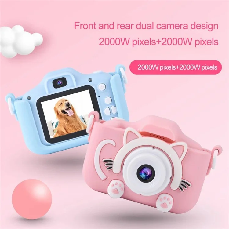 X5S Cartoon Cat 2.0-inch IPS Screen Kids Camera Rechargeable Dual Lens HD Camera Toy - Pink